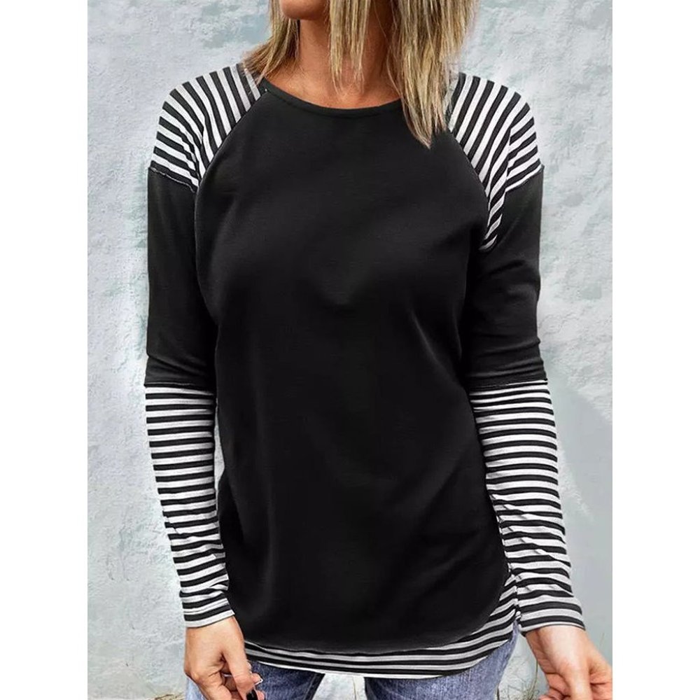 Black and White Long Sleeve Stripe Crew Neck